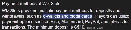Wiz slots payment methods