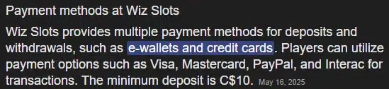 Wiz slots payment methods