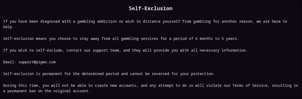 Pigmo Responsible Gambling Tools