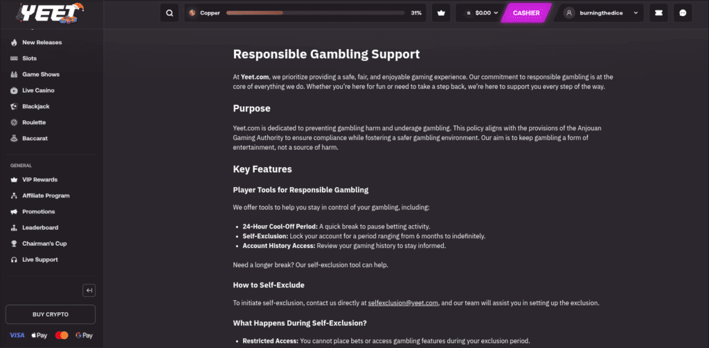 Yeet Responsible Gambling Tools