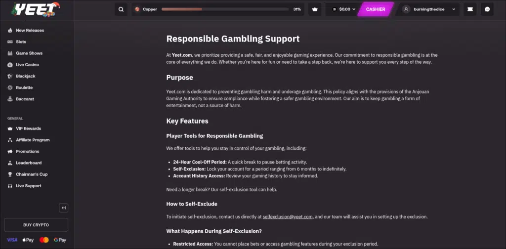 Yeet Responsible Gambling Tools