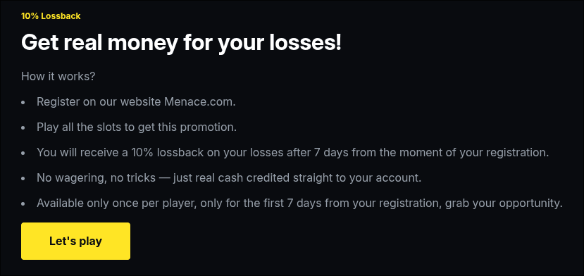 Menace 10% lossback sign-up promotion