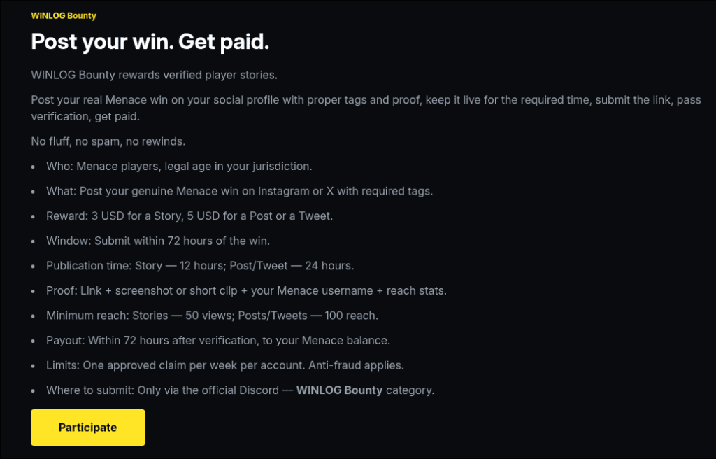 Menace Post your Win get paid